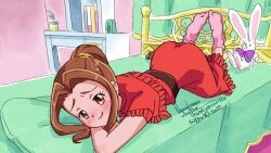 Rule 34 | 1girl, artist name, bed, blush, brown eyes, brown hair, closed mouth, commission, dated, digimon, digimon adventure, dress, female focus, highres, indoors, long hair, looking at viewer, nanaeljustice, on bed, pink socks, ponytail, red dress, signature, smile, socks, solo, stuffed animal, stuffed rabbit, stuffed toy, tachikawa mimi, top-down bottom-up