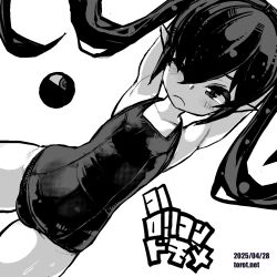 Rule 34 | 1girl, armpits, arms behind head, arms up, backbeako (torotei), backbeard, blush, commentary, cowboy shot, dated, dated commentary, dutch angle, frown, gegege no kitarou, greyscale, hair over one eye, hair ribbon, kono lolicon domome, long hair, looking at viewer, monochrome, one-piece swimsuit, one eye closed, original, paid reward available, pointy ears, ribbon, school swimsuit, simple background, solo, stretching, sweat, swimsuit, torotei, translated, twintails, watermark, web address, white background