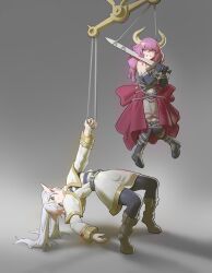 Rule 34 | 2girls, absurdres, aura (sousou no frieren), aura bullying (meme), balance scale, black gloves, braid, capelet, clothing cutout, demon girl, demon horns, dress, earrings, elbow gloves, elf, floating earrings, frieren, gigachad (meme), gloves, green eyes, highres, horns, jewelry, long hair, long sleeves, low-braided long hair, low-tied long hair, meme, multiple braids, multiple girls, navel cutout, overskirt, pacpoi, parted bangs, photo-referenced, pink hair, pointy ears, purple hair, quad braids, sousou no frieren, sword to throat, teardrop earrings, twintails, weighing scale, white capelet, white hair