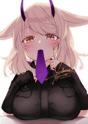 1girl animal_ears black_shirt breast_rest breasts brown_hair cat_ears cat_girl dated demon_horns facial_mark final_fantasy final_fantasy_xiv highres horns looking_at_viewer miqo&#039;te mouth_hold nanase_kokono necktie necktie_in_mouth purple_necktie red_eyes red_nails shirt signature solo twitter_username warrior_of_light_(ff14) whisker_markings white_background