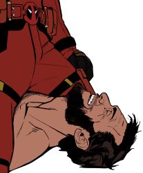 2boys bara beard belt black_gloves bodysuit bonjourdraws brown_hair chest_hair commentary couple deadpool deadpool_&amp;_wolverine deadpool_(series) english_commentary facial_hair gloves hairy highres looking_up male_focus marvel marvel_cinematic_universe mature_male multiple_boys muscular muscular_male open_mouth out_of_frame pectorals red_bodysuit short_hair sitting sitting_on_chest sitting_on_person smile spandex superhero_costume teeth topless_male two-tone_bodysuit utility_belt wolverine_(x-men) x-men yaoi