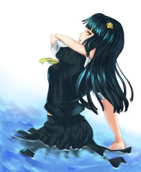 Rule 34 | 1girl, black hair, breasts, green eyes, hair ornament, kyoukai no rinne, long hair, school uniform, shima renge, skirt, water