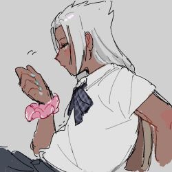 1boy alternate_costume blue_nails blush closed_mouth collared_shirt crossdressing dark-skinned_male dark_skin grey_hair highres kingdom_hearts lalalalife15 long_hair looking_at_hand looking_to_the_side male_focus orange_eyes pink_scrunchie pleated_skirt school_uniform scrunchie shirt sitting skirt spiked_hair white_shirt wrist_scrunchie xehanort