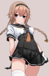 Rule 34 | black headband, black sailor collar, braid, breasts, brown hair, clothes writing, corset, gloves, grey background, grey eyes, hachimaki, hair ornament, hairband, headband, highres, kantai collection, looking at viewer, miron (mirona33), multicolored gloves, neckerchief, orange neckerchief, propeller hair ornament, sailor collar, school uniform, serafuku, teruzuki (kancolle), thighhighs, twin braids, white thighhighs, yellow neckerchief