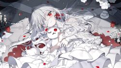 1girl :3 blush bow breasts candle center_frills closed_mouth cup dress earclip earrings envelope eyepatch fingernails fire first_stage_production frilled_dress frills grey_nails hakanai_ruby_(vtuber) highres holding holding_stuffed_toy jewelry karo_(karohroka) lying multicolored_nails necklace official_art pale_skin red_eyes red_nails saucer single_earring solo stuffed_toy teacup virtual_youtuber wax_seal white_bow white_dress white_hair white_theme