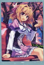Rule 34 | 1girl, :d, absurdres, bench, breasts, brown hair, cherry blossoms, female focus, hair intakes, highres, ichinose mio (koi ga saku koro sakura doki), kiba satoshi, koi ga saku koro sakura doki, large breasts, long sleeves, open mouth, petals, purple eyes, school uniform, short hair, sitting, skirt, smile, solo