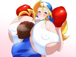 Rule 34 | 1boy, 1girl, areola slip, bandana, between breasts, blonde hair, blue eyes, blush, boxing gloves, breast press, breast smother, breast smother, breasts, brown hair, capcom, covered erect nipples, earrings, embarrassed, face to breasts, gigantic breasts, head between breasts, hetero, highres, jewelry, justice gakuen, large areolae, long hair, mature female, milkcarton man, nipples, red boxing gloves, smile, star (symbol), star earrings, steaming body, sweat, tiffany lords, underboob, white background