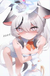 ... 1girl absurdres alternate_costume animal_ear_hairband animal_ears arm_under_breasts bare_shoulders black_hair black_streaks blue_archive blue_halo breasts brown_eyes closed_mouth cocokawa_(cjsj8353) commentary_request detached_collar empty_eyes fake_animal_ears grey_hair hairband halo highres kokona_(blue_archive) leaning_forward leotard loli long_hair looking_at_viewer multicolored_hair partially_shaded_face playboy_bunny rabbit_ear_hairband rabbit_ears rabbit_tail simple_background small_breasts solo standing strapless strapless_leotard streaked_hair tail thighs tiger_ears tiger_girl white_background white_hairband white_leotard white_wrist_cuffs wrist_cuffs