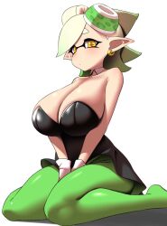 +_+ 1girl bare_shoulders breasts cleavage dress earrings gloves highres huge_breasts jewelry marie_(splatoon) nintendo pero_(pero7762) pointy_ears short_hair sitting sleeveless splatoon_(series) tentacle_hair white_background