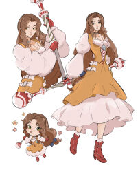 1girl absurdres aerith_gainsborough aerith_gainsborough_(garnet&#039;s_gown) blue_gemstone boots breasts chibi choker cosplay dress eiriseth final_fantasy final_fantasy_ix final_fantasy_vii final_fantasy_vii_ever_crisis full_body garnet_til_alexandros_xvii garnet_til_alexandros_xvii_(cosplay) gem gloves grey_choker hair_ribbon highres holding holding_staff juliet_sleeves long_dress long_hair long_sleeves low-tied_long_hair medium_breasts multiple_views official_alternate_costume orange_dress parted_bangs pendant_choker puffy_long_sleeves puffy_sleeves red_footwear red_gloves ribbon sidelocks staff tongue tongue_out upper_body wavy_hair white_background white_dress