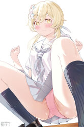Rule 34 | 1girl, artist name, black shoes, blonde hair, blue socks, blush, bow, bow panties, breasts, bright pupils, clenched hands, closed mouth, collarbone, commentary request, crotch seam, double-parted bangs, embarrassed, feet out of frame, flower, genshin impact, grey neckerchief, grey skirt, hair between eyes, hair flower, hair ornament, hands up, highres, looking at viewer, lumine (genshin impact), neckerchief, panties, pantyshot, partially visible vulva, pink panties, pleated skirt, ribbed socks, sailor collar, sakura yuu (hzjy8485), school uniform, serafuku, shoes, short hair with long locks, short sleeves, simple background, skirt, small breasts, socks, solo, squatting, sweatdrop, underwear, white background, white pupils, white sailor collar, yellow eyes