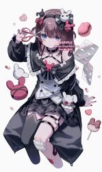Rule 34 | 1girl, animal-themed food, bandaid, bandaid on knee, bandaid on leg, bare shoulders, black choker, black hairband, black nails, black shirt, black skirt, blush, borrowed character, bow, breasts, brown hair, choker, cleavage, closed mouth, commentary request, commission, cropped legs, food, frills, hair bow, hairband, highres, holding, holding scissors, long hair, long sleeves, macaron, multiple thigh straps, myon rio, nail polish, original, pill, plaid clothes, plaid skirt, pleated skirt, purple eyes, red bow, sample watermark, scissors, shirt, simple background, single thighhigh, skeb commission, skirt, solo, thighhighs, twitter username, watermark, white background, white thighhighs