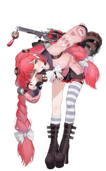 Rule 34 | 1girl, absurdres, animal on back, asymmetrical legwear, black sailor collar, black skirt, blush, boots, bow, bowtie, braid, braided twintails, brown boots, cardigan, chest bow, choker, closed mouth, full body, green eyes, hearing aid, high heel boots, high heels, highres, himesamanonete, kamanosuke (zenless zone zero), leaning forward, long hair, looking at viewer, loose thighhigh, low twin braids, pink cardigan, pleated skirt, raccoon, red hair, ribbon, sailor collar, simple background, skirt, smile, solo, sphere hair ornament, standing, striped clothes, striped thighhighs, tanuki, thigh strap, thighhighs, tongue, tongue out, twin braids, twintails, ukinami yuzuha, uneven legwear, very long hair, white background, white bow, white bowtie, zenless zone zero