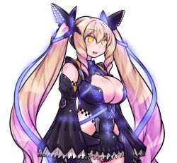 1girl blonde_hair breasts cowboy_shot cyborg darui_hito drill_hair drill_sidelocks highres large_breasts long_hair nightmare_series open_mouth orange_eyes phantasy_star phantasy_star_online_2 shiny_skin sidelocks skindentation smile solo twintails very_long_hair