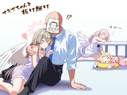 !? 1boy 3girls animal_ear_fluff animal_ears bald blonde_hair blue_archive blue_necktie brown_hair closed_eyes closed_mouth collared_shirt doodle_sensei_(blue_archive) dress extra_ears fox_ears fox_girl fox_tail gesupi_(provlemsolver57) halo heart hetero highres long_hair lying mika_(blue_archive) multiple_girls nagisa_(blue_archive) necktie on_stomach open_mouth paper_on_head pink_hair purple_dress red_halo seia_(blue_archive) sensei_(blue_archive) shirt sitting sleeping strap_slip table tail white_dress white_shirt white_wings wings