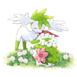 aimi_(aimia492) animal_focus blush flower flower_on_head gen_4_pokemon grass green_eyes green_hair legendary_pokemon mythical_pokemon nintendo no_humans pokemon pokemon_(creature) shaymin shaymin_(land) shaymin_(sky) smile twitter_username white_background