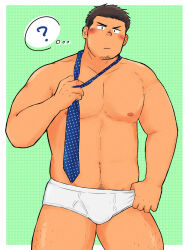 Rule 34 | 1boy, ?, absurdres, bara, beard, black hair, blush, briefs, bulge, facial hair, highres, leg hair, male focus, male underwear, navel, necktie, nipples, original, pectorals, pubic hair, solo, speech bubble, tan, thought bubble, underwear, wada terunosuke