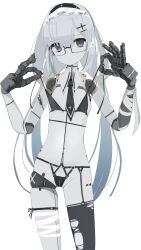 1girl bandaged_arm bandaged_leg bandages bikini black_bikini black_necktie black_thighhighs breasts damaged detached_collar glasses grey_eyes grey_hair groin hair_between_eyes hair_ornament hairband hairclip highres joints long_hair looking_at_viewer maid_headdress mechabare mechanical_arms nanatsuki_sousuke necktie original robot_girl robot_joints single_thighhigh small_breasts solo swimsuit thighhighs torn_clothes torn_thighhighs