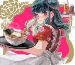 1girl apron blush china_dress chinese_clothes double_bun dress hair_bun highres kanya_pyi long_hair looking_at_viewer purple_hair ranma_1/2 red_dress red_eyes shampoo_(ranma_1/2) simple_background solo white_apron white_background