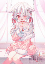 1girl animal_ears commentary commission d_omm dog_ears dog_girl dog_tail grey_hair indie_virtual_youtuber kurenagi_eri long_sleeves looking_at_viewer multicolored_hair open_mouth red_eyes sitting skeb_commission tail virtual_youtuber white_hair
