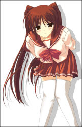 Rule 34 | 1girl, 2000s (style), arms behind back, bad id, bent over, bow, bowtie, breasts, brown eyes, closed mouth, collarbone, drop shadow, feet out of frame, kisaki yuu, kousaka tamaki, long hair, long sleeves, medium breasts, miniskirt, pleated skirt, red bow, red bowtie, red hair, red sailor collar, red skirt, sailor collar, shirt, simple background, skirt, smile, solo, standing, thighhighs, to heart (series), to heart 2, very long hair, white background, white shirt, white thighhighs, zettai ryouiki