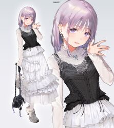 1girl bag commentary_request ear_piercing earrings eyelashes frills fuzuki_fuuro hair_between_eyes highres jewelry leg_up long_sleeves looking_at_viewer multiple_views original parted_lips piercing purple_eyes purple_hair shoes simple_background skirt sleeves_past_wrists sneakers sparkle white_skirt white_sneakers