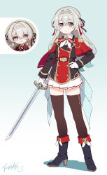 1girl absurdres black_boots black_jacket blue_background boots braid brown_thighhighs chibi chibi_inset closed_mouth colored_shadow commentary_request epaulettes firefly_(honkai:_star_rail) gloves gradient_background grey_hair hair_between_eyes hair_intakes hand_on_own_hip high_heel_boots high_heels highres holding holding_sword holding_weapon honkai:_star_rail honkai_(series) jacket langbazi long_sleeves multiple_views pleated_skirt red_eyes shadow signature skirt sleeves_past_wrists smile standing sword thighhighs thighhighs_under_boots weapon white_background white_gloves white_skirt