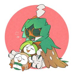 absurdres bird closed_eyes closed_mouth commentary dartrix decidueye evolutionary_line gen_7_pokemon highres nintendo no_humans open_mouth pkpokopoko3 pokemon pokemon_(creature) pokemon_focus rowlet sitting squeans symbol-only_commentary