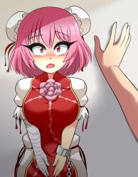 1girl 1other :o absurdres against_wall arm_up bandaged_arm bandages between_legs blush breasts cuffs hand_between_legs highres ibaraki_kasen kabedon non-web_source o_o open_mouth pink_eyes pink_hair pov shackles simple_background susoda touhou