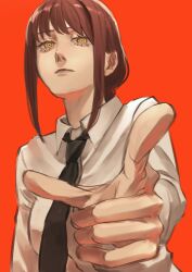 1girl absurdres black_necktie bonjindaaa chainsaw_man closed_mouth collared_shirt highres looking_at_viewer makima_(chainsaw_man) necktie pointing pointing_at_viewer red_background red_hair shirt sidelocks simple_background solo white_shirt yellow_eyes
