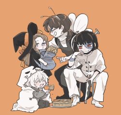 2boys 2girls aged_down antennae apron backpack bag black_footwear black_hair black_pants blue_bag blue_eyes bob_cut boots bow brown_apron brown_eyes brown_hair chef cigarette closed_eyes commentary cosplay costume eating food frankenstein&#039;s_monster frankenstein&#039;s_monster_(cosplay) ghost_costume glasses gregor_(project_moon) grey_sweater hairband halloween halloween_costume hat highres holding holding_bag holding_knife insect_wings knife kojocho05 limbus_company long_hair low_ponytail multiple_boys multiple_girls object_through_head orange_background orange_bow pants picking_up pie ponytail project_moon pumpkin_pie red_eyes rodion_(project_moon) ryoshu_(project_moon) screw_in_head shoes sonya_(project_moon) stool sweat sweatdrop sweater white_footwear white_hair white_pants wings witch witch_hat