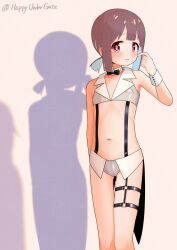 1girl alternate_costume arm_at_side arm_up artist_name asymmetrical_legwear bare_arms bare_shoulders black_bow black_bowtie blue_hair blunt_bangs blush bow bowtie brown_hair commentary embarrassed flat_chest groin happyundergate highres hozuki_momiji looking_at_viewer multicolored_hair navel o-ring o-ring_thigh_strap onii-chan_wa_oshimai! ponytail red_eyes scratching_cheek shadow short_hair short_ponytail simple_background solo stomach thigh_gap thigh_strap twitter_username two-tone_hair wrist_cuffs