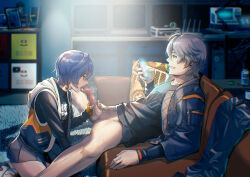 1boy 1girl azasuke bedroom belle_(zenless_zone_zero) black_shirt blue_hair brother_and_sister cellphone censored couch earrings erection fellatio from_side green_eyes grey_hair grin hetero highres holding holding_phone hood hooded_jacket incest jacket jewelry licking licking_penis male_pubic_hair monitor mosaic_censoring oral pants penis phone pleated_skirt pubic_hair saliva shirt short_hair siblings skirt smartphone smile television testicles unworn_pants wise_(zenless_zone_zero) zenless_zone_zero