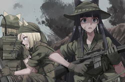 3girls absurdres ammunition_pouch animal_ears assault_rifle black_eyes black_hair blonde_hair blue_eyes boonie_hat cat_ears combat_helmet dirty dirty_clothes dirty_face field_radio finger_on_trigger green_hat green_jacket green_pants gun hat helmet highres jacket long_hair m16 m16a1 military military_combat_uniform military_rank_insignia military_uniform multiple_girls nguyen_tam_lee open_mouth original pants pouch radio_handset rifle short_hair sleeves_rolled_up sweat under_fire vietnam_war weapon