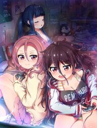 Rule 34 | 3girls, a&amp;w, absurdres, battle girl high school, blunt bangs, breasts, cleavage, hair between eyes, highres, indoors, kusunoki asuha, light particles, messy hair, mole, mole under eye, multiple girls, pillow, pink hair, ponytail, poster (object), serizawa renge, sitting, sleeping, sleeping upright, sparkle, stuffed animal, stuffed penguin, stuffed toy, tamanegi (12030028), tissue box, tsubuzaki anko, video game