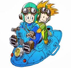 2boys aqua_hat aviator_cap black_eyes blue_bodysuit blue_eyes blue_shirt bodysuit boots brown_boots brown_gloves chibi cousins dragon_quest dragon_quest_ii driving floating_hair gloves goggles goggles_on_headwear green_bodysuit green_tabard hand_on_another&#039;s_hip handlebar hat holding_handlebar looking_back looking_to_the_side male_focus multiple_boys orange_boots orange_hair prince_of_lorasia prince_of_samantoria riding shirt smile tabard tcgf_04 toriyama_akira_(style) white_background yellow_gloves
