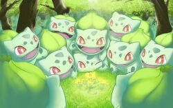 animal_focus bright_pupils bud bulbasaur closed_mouth commentary_request ericsho fangs flower gen_1_pokemon grass nintendo no_humans one_eye_closed open_mouth pokemon pokemon_(creature) pokemon_focus red_eyes smile sunlight tree white_pupils yellow_flower