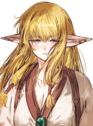 1girl breasts cleavage collarbone elf gem green_gemstone hair_tubes half-closed_eyes highres large_breasts long_hair looking_at_viewer moku_(muooku) parted_lips pointy_ears serie_(sousou_no_frieren) simple_background solo sousou_no_frieren teeth upper_body white_background yellow_eyes