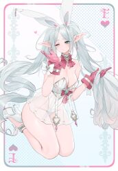 Rule 34 | 1girl, absurdres, animal ears, bare shoulders, blush, breasts, card (medium), cleavage, commentary, dishwasher1910, earrings, fake animal ears, frieren, gloves, green eyes, grey hair, high heels, highres, jewelry, large breasts, leotard, long hair, looking at viewer, one eye closed, pink gloves, playboy bunny, pointy ears, shoes, solo, sousou no frieren, symbol-only commentary, thick eyebrows, thighs, twintails, white shoes
