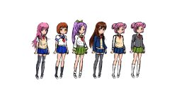alternate_costume ankle_socks arms_at_sides ascot black_jacket black_socks blazer blue_jacket blue_sailor_collar blue_skirt bow brown_hair buttons closed_mouth collared_shirt commentary comparison concept_art curled_fingers doki_doki_literature_club doki_doki_literature_club_plus dot_mouth dot_nose double-parted_bangs dress_shirt english_commentary expressionless eyebrows_hidden_by_hair flat_chest full_body game_cg green_bow green_sailor_collar green_skirt grey_thighhighs hair_bobbles hair_bow hair_ornament hair_over_shoulder high_ponytail highres horoko jacket kneehighs lineup long_hair long_sleeves looking_at_viewer mary_janes miniskirt neck_ribbon neckerchief non-web_source official_art open_clothes open_jacket parted_bangs pink_hair pleated_skirt polka_dot ponytail production_art purple_eyes red_ascot red_neckerchief red_ribbon ribbon sailor_collar school_uniform serafuku shirt shoes short_hair short_sleeves sidelocks simple_background sketch skirt socks sweater_vest thick_eyelashes thighhighs thighs two_side_up white_background white_shirt white_shoes white_socks yellow_eyes yellow_sweater_vest zettai_ryouiki