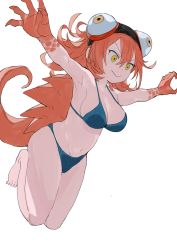 1girl :&gt; bikini blue_bikini colored_skin fingernails floating full_body goggles goggles_on_head hair_between_eyes headband highres jumping lizard_tail medium_hair megame_(okbnkn) monster_girl multicolored_skin orange_hair orange_scales orange_skin original outstretched_arms reptile_girl scales sharp_fingernails shell simple_background solo spiked_shell swimsuit tail white_background yellow_eyes