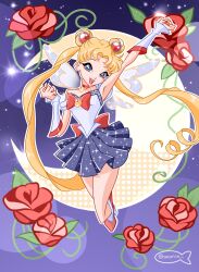 Rule 34 | 1girl, adapted costume, armpits, back bow, bad id, bad twitter id, bare shoulders, bishoujo senshi sailor moon, blonde hair, blue eyes, blue skirt, boots, bow, bun cover, cartoonized, chocofish, choker, clenched hand, collarbone, commentary, crescent choker, crescent moon, double bun, english commentary, eyelashes, fairy, fairy wings, fist pump, flower, full body, hair bun, head tilt, high heel boots, high heels, highres, leaf, light particles, lipstick, long hair, magical girl, makeup, miniskirt, moon, night, night sky, open mouth, outline, parody, parted bangs, plant, pleated skirt, red boots, red bow, red choker, red flower, red lips, red rose, ringlets, rose, sailor collar, sailor moon, sailor shirt, shirt, skirt, sky, smile, solo, sparkle, star (sky), starry sky, strapless, strapless shirt, style parody, teeth, toon (style), tsukino usagi, twintails, upper teeth only, very long hair, vines, watermark, white arm warmers, white outline, white shirt, white wings, wings, winx club