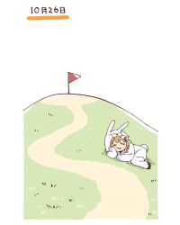 Rule 34 | 1girl, animal costume, blush stickers, brown hair, closed eyes, flag, full body, grass, hair ornament, hairclip, hashtag-only commentary, highres, hill, hood, hood up, long sleeves, lying, namori, on side, oomuro sakurako, open mouth, rabbit costume, short hair, simple background, sleeping, solo, white background, yuru yuri