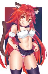 Rule 34 | 1girl, animal ear legwear, animal ears, bell, black skirt, black thighhighs, blush, bra, breasts, brown eyes, cat ear legwear, cat ear thighhighs, cat ears, cat girl, cat tail, cat thighhighs, chocola (nekopara), chocola (nekopara) (cosplay), cleavage, clothes lift, collar, cosplay, crossover, detached sleeves, fang, highres, itadaki! seieki, kaptivate, large breasts, long hair, looking at viewer, navel, neck bell, nekopara, open mouth, panties, pink panties, puffy sleeves, red hair, setogaya mari, short sleeves, skirt, skirt lift, smile, space background, standing, striped clothes, striped panties, tail, thighhighs, underwear, white bra