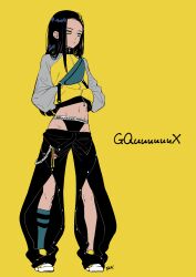 1girl amate_yuzuriha aqua_socks black_hair black_panties black_pants charm_(object) commentary expressionless f.w.zholic full_body gundam gundam_gquuuuuux hands_in_pockets highres jacket lowleg lowleg_pants navel nyaan_(gundam_gquuuuuux) panties pants shoes simple_background single_sock socks solo underwear yellow_background yellow_eyes yellow_jacket yellow_shoes
