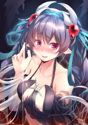 1girl absurdres arthropod_girl bare_shoulders black_background blush braid breasts collarbone duel_monster highres kanzakietc large_breasts long_hair monster_girl open_mouth pointy_ears purple_hair red_eyes smile solo traptrix_atrax twin_braids very_long_hair yu-gi-oh!