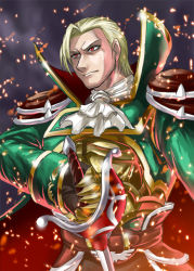 1boy armor blonde_hair cape ascot male_focus raphael_sorel red_eyes solo soul_calibur soulcalibur_iii sword vlad=emon weapon