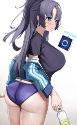 absurdres adjusting_buruma adjusting_clothes ass blue_archive blue_buruma blue_jacket buruma drone gym_shirt gym_uniform halo highres jacket jacket_partially_removed mechanical_halo official_alternate_costume partially_unzipped shirt star_sticker sticker_on_face track_jacket tutane_1115 yuuka_(blue_archive) yuuka_(track)_(blue_archive)