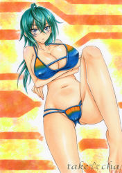 &gt;:( 00s 1girl ahoge artist_name bad_id bad_pixiv_id bare_shoulders bikini blue_bikini blush breast_hold breasts cleavage collarbone covered_erect_nipples facial_mark female_focus frown gluteal_fold green_hair groin kannagi_itsuki knee_up large_breasts long_hair looking_at_viewer marker_(medium) nail_polish navel purple_eyes sideboob solo sora_wo_kakeru_shoujo swimsuit takecha traditional_media v-shaped_eyebrows