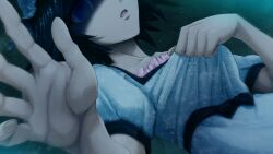 1girl aqua_eyes black_bow black_hair black_sash black_trim blue_dress blue_eyes blue_hat bow breasts chest_bow clutching_chest collar collarbone dress dutch_angle dying empty_eyes expressionless frilled_collar frilled_hat frills from_below game_cg hat heart_attack highres huke imminent_death medium_breasts medium_hair motion_blur motion_lines official_art open_mouth palms pink_frills pink_lips puffy_short_sleeves puffy_sleeves pulling_own_clothes ringed_eyes sash shiina_mayuri shiny_lips short_sleeves solo spoilers square_pupils steins;gate steins;gate:_linear_bounded_phenogram tareme tongue waist_sash wide-eyed